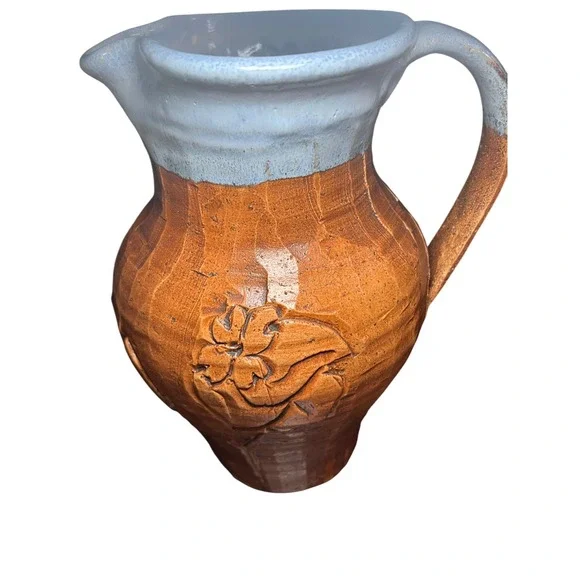 Ken Poole 1990 Rockhouse Pitcher Blue glaze Floral Embossed Signed Art Pottery